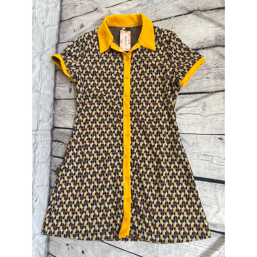 NEW Women's SHEIN MOD Brown & Yellow Geometric Mini Dress L - Picture 2 of 7
